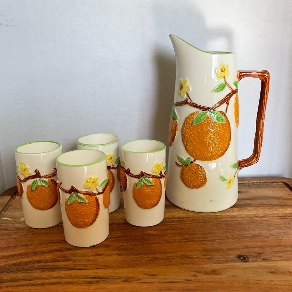 Orange Pitcher & 5 Tumblers Set embossed orange design Vintage Ceramic